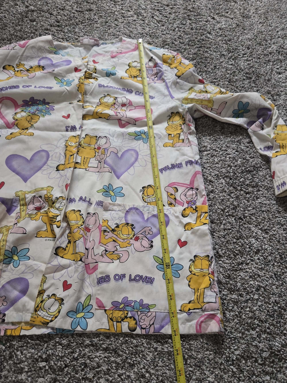 Garfield Cartoon Print Medical Scrub Top - White with Yellow & Purple - Picture 14 of 16